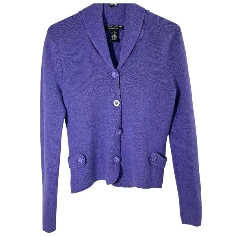 100% Italian Merino Wool Vintage Purple Cardigan Sweater Shawl Collar Size S